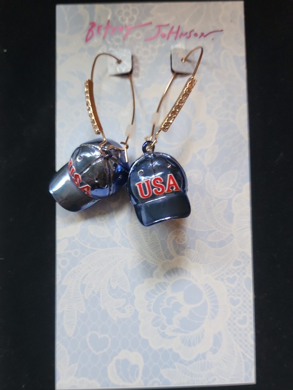 Betsey Johnson Navy Blue & Red 'USA' Cap Dangle Earrings